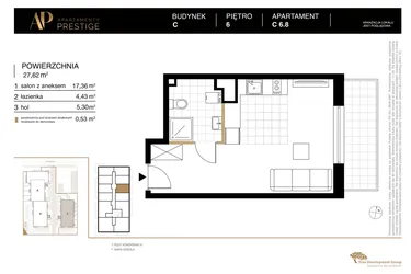 Rzut - Mieszkanie na sprzedaż 1 pokój o powierzchni 27,62 m² - numer C 6.8 w Apartamenty Prestige etap 2