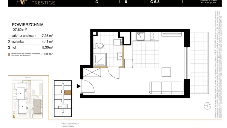 Rzut - Mieszkanie na sprzedaż 1 pokój o powierzchni 27,62 m² - numer C 6.8 w Apartamenty Prestige etap 2