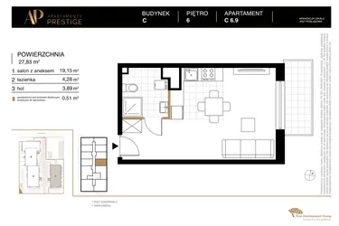 Rzut - Mieszkanie na sprzedaż 1 pokój o powierzchni 27,83 m² - numer C 6.9 w Apartamenty Prestige etap 2