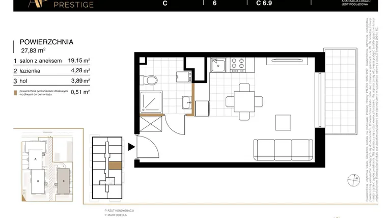 Rzut - Mieszkanie na sprzedaż 1 pokój o powierzchni 27,83 m² - numer C 6.9 w Apartamenty Prestige etap 2