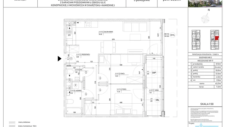 Rzut - Mieszkanie na sprzedaż 3 pokoje o powierzchni 62,74 m² - numer M-17 w Apartamenty Konopnickiej
