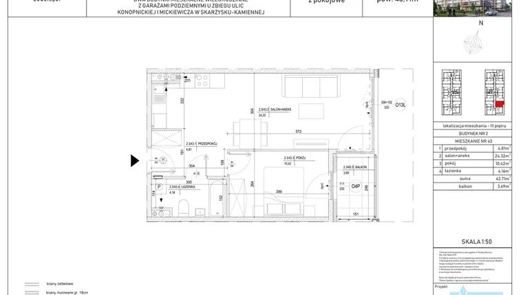 Rzut - Mieszkanie na sprzedaż 2 pokoje o powierzchni 43,46 m² - numer M-43 w Apartamenty Konopnickiej