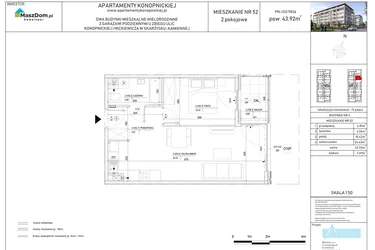 Rzut - Mieszkanie na sprzedaż 2 pokoje o powierzchni 43,57 m² - numer M-52 w Apartamenty Konopnickiej