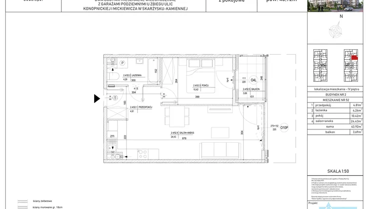 Rzut - Mieszkanie na sprzedaż 2 pokoje o powierzchni 43,57 m² - numer M-52 w Apartamenty Konopnickiej