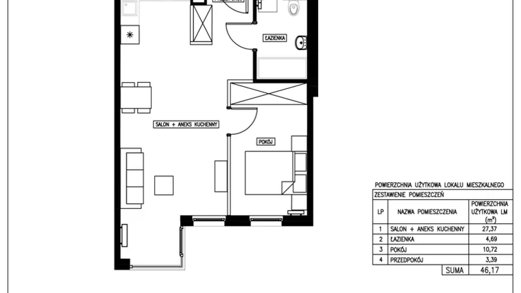Rzut - Mieszkanie na sprzedaż 2 pokoje o powierzchni 46,17 m² - numer 19 w Nowa Kurkowa