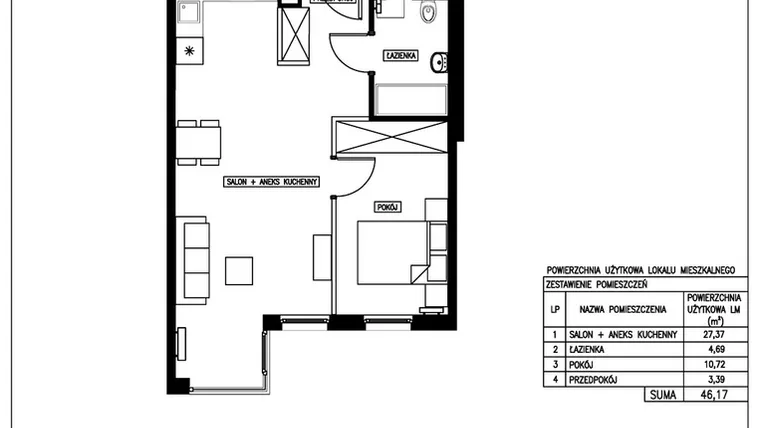 Rzut - Mieszkanie na sprzedaż 2 pokoje o powierzchni 46,17 m² - numer 19 w Nowa Kurkowa