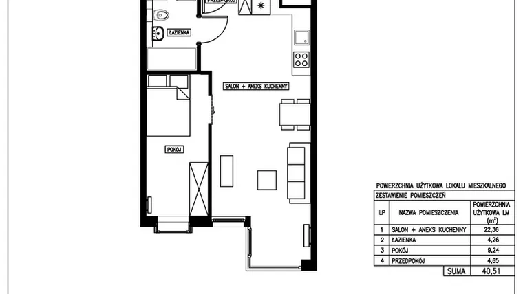 Rzut - Mieszkanie na sprzedaż 2 pokoje o powierzchni 40,51 m² - numer 20 w Nowa Kurkowa