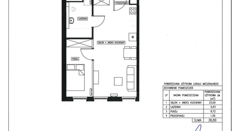 Rzut - Mieszkanie na sprzedaż 2 pokoje o powierzchni 38,89 m² - numer 21 w Nowa Kurkowa