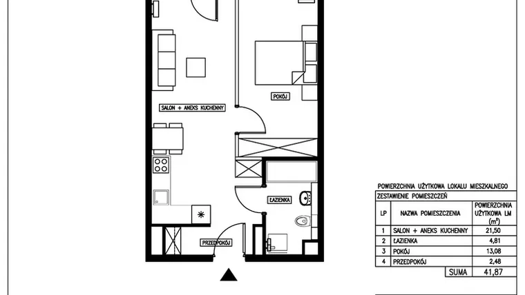 Rzut - Mieszkanie na sprzedaż 2 pokoje o powierzchni 41,87 m² - numer 23 w Nowa Kurkowa