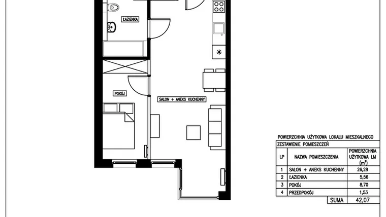 Rzut - Mieszkanie na sprzedaż 2 pokoje o powierzchni 42,07 m² - numer 33 w Nowa Kurkowa