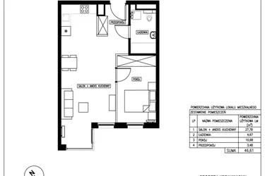 Rzut - Mieszkanie na sprzedaż 2 pokoje o powierzchni 46,61 m² - numer 43 w Nowa Kurkowa