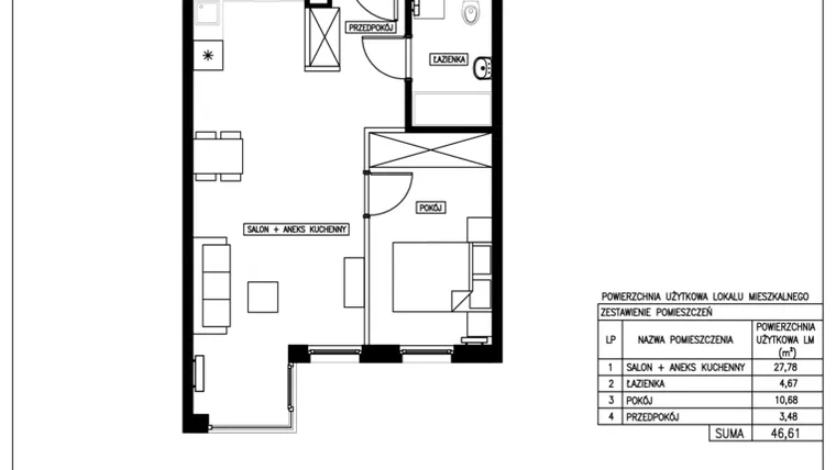 Rzut - Mieszkanie na sprzedaż 2 pokoje o powierzchni 46,61 m² - numer 43 w Nowa Kurkowa