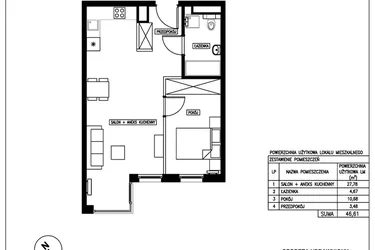 Rzut - Mieszkanie na sprzedaż 2 pokoje o powierzchni 46,61 m² - numer 43 w Nowa Kurkowa