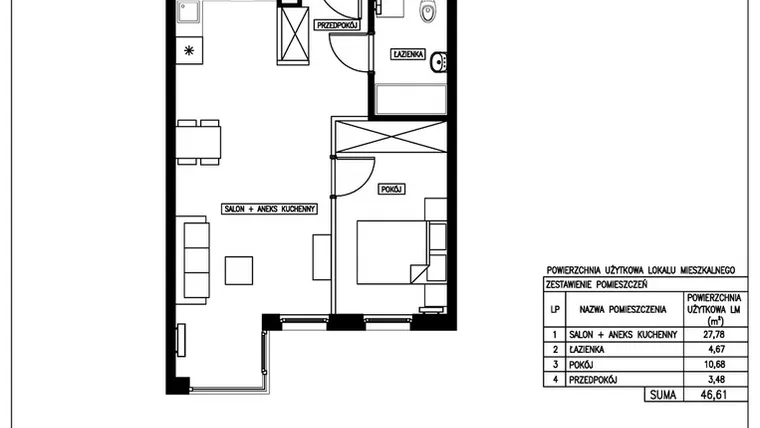 Rzut - Mieszkanie na sprzedaż 2 pokoje o powierzchni 46,61 m² - numer 43 w Nowa Kurkowa