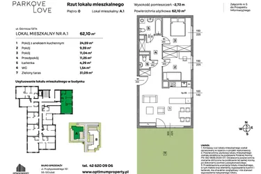 Rzut - Mieszkanie na sprzedaż 3 pokoje o powierzchni 62,1 m² - numer A.1 w Parkove Love