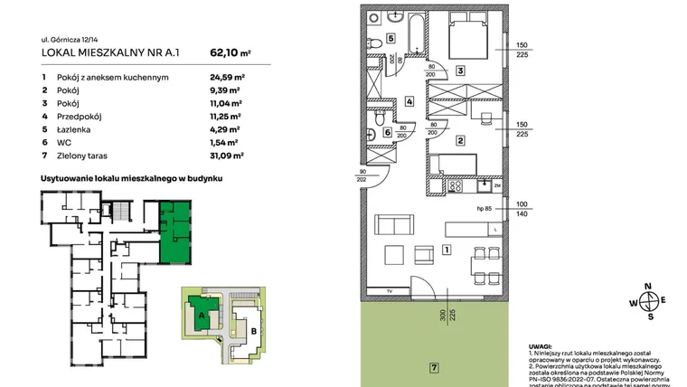 Rzut - Mieszkanie na sprzedaż 3 pokoje o powierzchni 62,1 m² - numer A.1 w Parkove Love