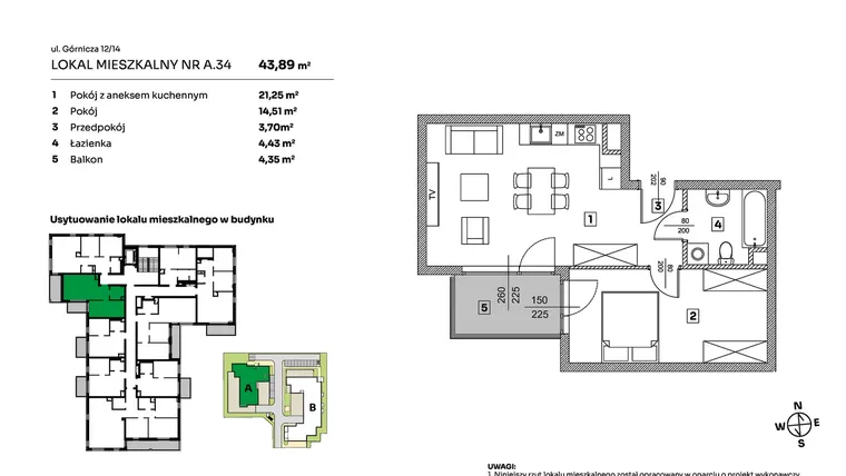 Rzut - Mieszkanie na sprzedaż 2 pokoje o powierzchni 43,89 m² - numer A.34 w Parkove Love