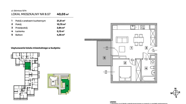 Rzut - Mieszkanie na sprzedaż 2 pokoje o powierzchni 40,03 m² - numer B.57 w Parkove Love