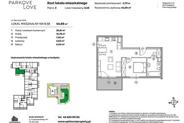 Rzut - Mieszkanie na sprzedaż 2 pokoje o powierzchni 44,69 m² - numer B.58 w Parkove Love
