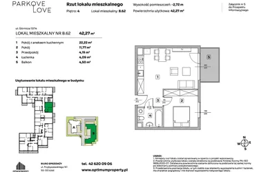Rzut - Mieszkanie na sprzedaż 2 pokoje o powierzchni 42,27 m² - numer B.62 w Parkove Love