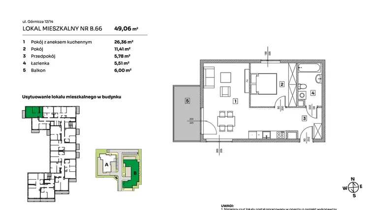 Rzut - Mieszkanie na sprzedaż 2 pokoje o powierzchni 49,06 m² - numer B.66 w Parkove Love