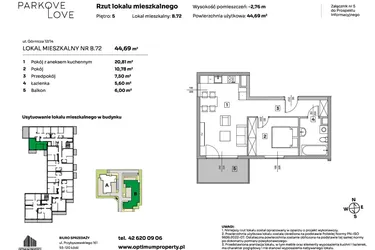 Rzut - Mieszkanie na sprzedaż 2 pokoje o powierzchni 44,69 m² - numer B.72 w Parkove Love