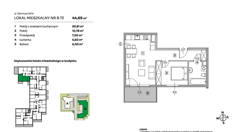 Rzut - Mieszkanie na sprzedaż 2 pokoje o powierzchni 44,69 m² - numer B.72 w Parkove Love