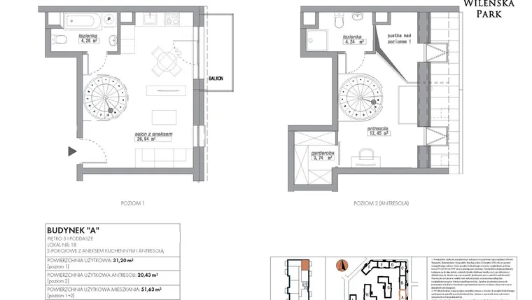 Rzut - Mieszkanie na sprzedaż 2 pokoje o powierzchni 51,63 m² - numer A18 w Wileńska Park