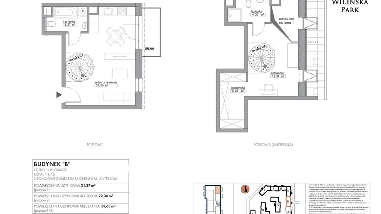 Rzut - Mieszkanie na sprzedaż 2 pokoje o powierzchni 53,63 m² - numer B16 w Wileńska Park