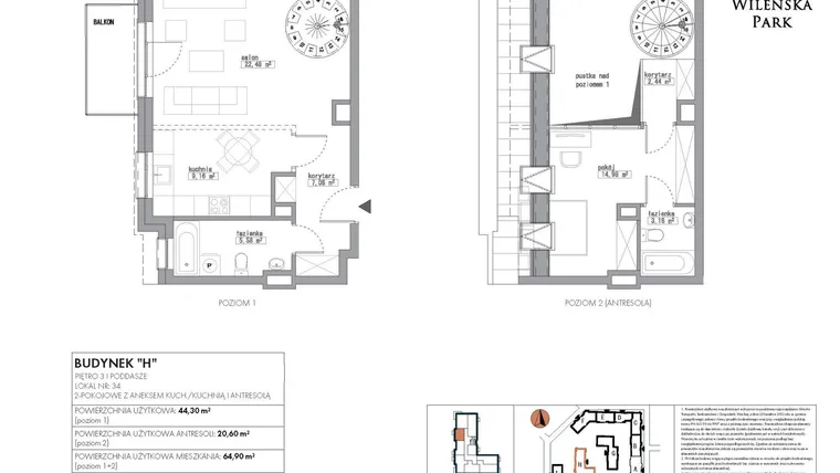 Rzut - Mieszkanie na sprzedaż 2 pokoje o powierzchni 64,9 m² - numer H34 w Wileńska Park