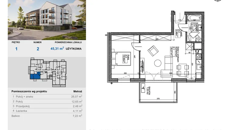 Rzut - Mieszkanie na sprzedaż 2 pokoje o powierzchni 45,31 m² - numer 2 w Balantia