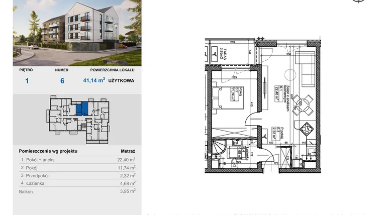 Rzut - Mieszkanie na sprzedaż 2 pokoje o powierzchni 41,14 m² - numer 6 w Balantia