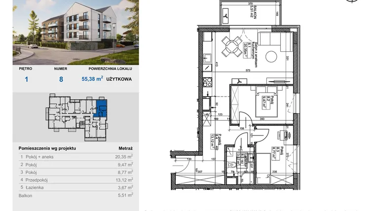 Rzut - Mieszkanie na sprzedaż 3 pokoje o powierzchni 55,38 m² - numer 8 w Balantia
