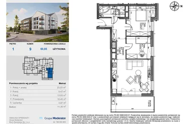 Rzut - Mieszkanie na sprzedaż 3 pokoje o powierzchni 60,75 m² - numer 9 w Balantia