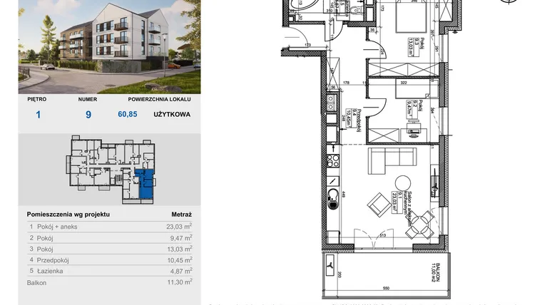Rzut - Mieszkanie na sprzedaż 3 pokoje o powierzchni 60,75 m² - numer 9 w Balantia