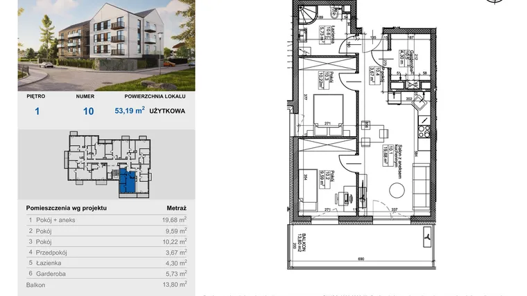 Rzut - Mieszkanie na sprzedaż 3 pokoje o powierzchni 53,19 m² - numer 10 w Balantia