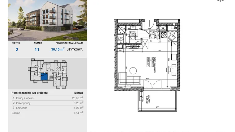 Rzut - Mieszkanie na sprzedaż 1 pokój o powierzchni 36,15 m² - numer 11 w Balantia