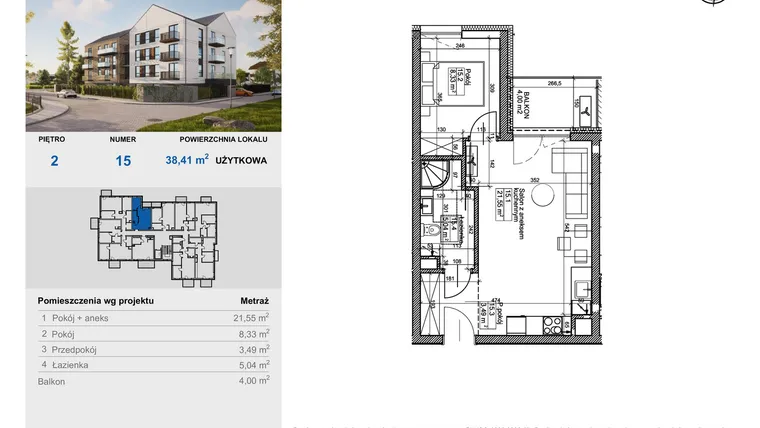 Rzut - Mieszkanie na sprzedaż 2 pokoje o powierzchni 38,41 m² - numer 15 w Balantia