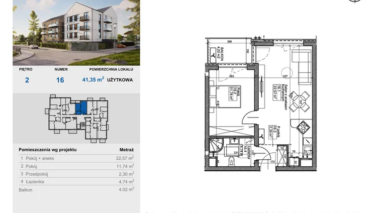Rzut - Mieszkanie na sprzedaż 2 pokoje o powierzchni 41,35 m² - numer 16 w Balantia