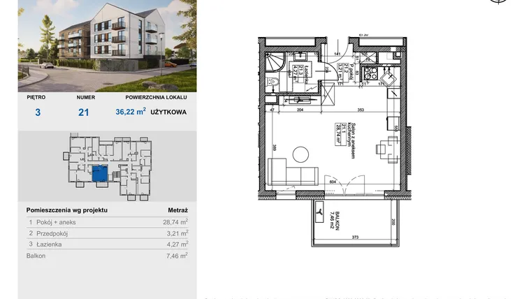 Rzut - Mieszkanie na sprzedaż 1 pokój o powierzchni 36,22 m² - numer 21 w Balantia
