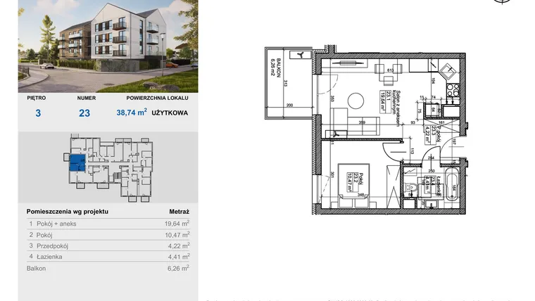 Rzut - Mieszkanie na sprzedaż 2 pokoje o powierzchni 38,74 m² - numer 23 w Balantia