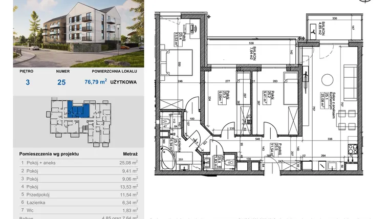 Rzut - Mieszkanie na sprzedaż 4 pokoje o powierzchni 76,79 m² - numer 25 w Balantia