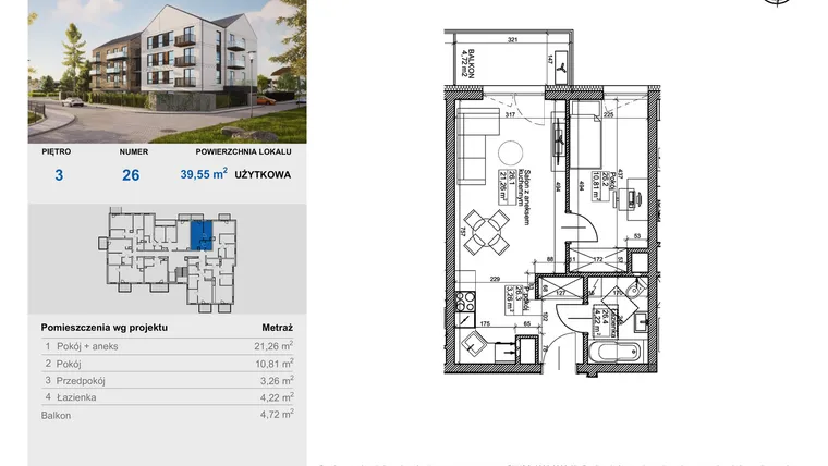 Rzut - Mieszkanie na sprzedaż 2 pokoje o powierzchni 39,55 m² - numer 26 w Balantia