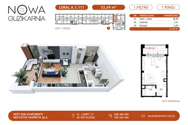 Rzut - Mieszkanie na sprzedaż 1 pokój o powierzchni 51,96 m² - numer A.1.111 w Nowa Guzikarnia