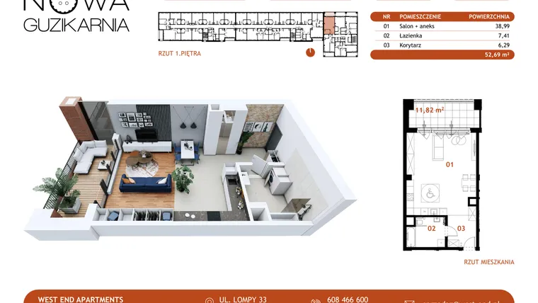 Rzut - Mieszkanie na sprzedaż 1 pokój o powierzchni 51,96 m² - numer A.1.111 w Nowa Guzikarnia