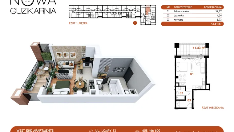 Rzut - Mieszkanie na sprzedaż 1 pokój o powierzchni 42,76 m² - numer A.1.112 w Nowa Guzikarnia