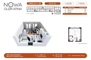 Rzut - Mieszkanie na sprzedaż 1 pokój o powierzchni 34,63 m² - numer B1.1.58 w Nowa Guzikarnia