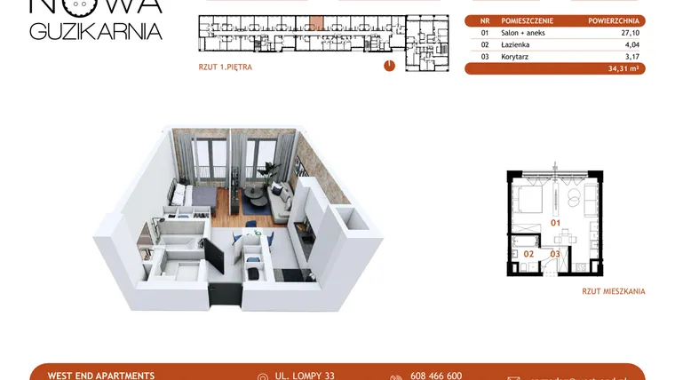 Rzut - Mieszkanie na sprzedaż 1 pokój o powierzchni 34,63 m² - numer B1.1.58 w Nowa Guzikarnia