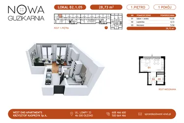 Rzut - Mieszkanie na sprzedaż 1 pokój o powierzchni 28,86 m² - numer B2.1.05 w Nowa Guzikarnia