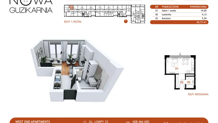 Rzut - Mieszkanie na sprzedaż 1 pokój o powierzchni 28,86 m² - numer B2.1.05 w Nowa Guzikarnia